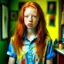 Placeholder: pretty girl, aged 13, ginger, conventionally attractive, colourful clothes, realism, jeans, dreamy, tight top