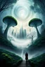 Placeholder: abstract landscape, skyscrapers and spiralling trees to space, mist, lonely figure looking up, pale surreal lighting, utopistic scenery, dark fantasy theme, surreal style, detailed, high quality, frog eye view