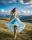 Placeholder: full-body closeup shot of a young, beautiful girl with a perfect face and makeup,wearing pretty dance dress standing in a stage in open air nice hills , blue sky ,pretty clouds at distant