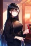 Placeholder: girl, masterpiece, best quality, cinematic lighting, detailed outfit, vibrant colors, perfect eyes, long hair, black hair, red eyes, hairclip, black kimono, indoors, smile, sparkle, depth of field,