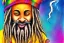 Placeholder: God with long rastafari white hair, smoking a big joint, reddish eyes and smiling; detailed, epic lighting, deep colors, children's book illustration, ink drawing