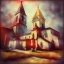 Placeholder: an abstract painting of a small town with church, mixed media, textured, highly detailed