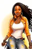 Placeholder: Create a digital airbrush cartoon of a curvy African American female wearing tight white jeans and a off the shoulder orange blouse. She is also wearing timberland boots. Prominent make up with hazel eyes. Highly detailed very long extremely dread locs black hair. Her skin is smooth and silky. Background of a track of ATV riders.