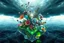 Placeholder: Dynamic complex hypnotic island of 3D structures Symmetry twisting and morphing between cifi plants ,flowers and metal geometric forms , smooth translucent iridescent glass with inner glow and bubbles, varied transparent materials, stormy skies, intense dramatic