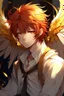 Placeholder: A male anime angel with messy red hair, gold eyes, large, feathered wings that look damaged.