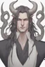 Placeholder: A dnd character portrait, a tiefling man with long hair and two long black horns that curve backwards, white eyes and pale skin. Handsome. Young.