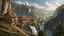 Placeholder: a small medieval town at the end of a steep, very tall valley. multiple waterfalls, a masterpiece, fantasy concept art, dynamic lighting, hyperdetailed, intricately detailed, deep color, Unreal Engine, volumetric lighting, Epic cinematic brilliant stunning intricate meticulously detailed dramatic atmospheric maximalist digital matte painting