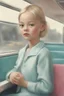 Placeholder: Illustration of model gemma ward as toddler, 1960s in the bus, style of Marcel Marlier, pastel colors
