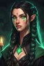 Placeholder: Young beautiful female Hexblood warlock character. Lightly tanned skin. Long straight jet-black hair to the waist. Half-up hairstyle with two loose Dutch braids on each side. Bright glowing pale emerald-green eyes. Delicate face. High cheekbones. Full lips. Soft smile. Slightly pointed ears. Faint dark vine-like markings on neck and collarbone. Black cloak. Realistic dark fantasy. Highly detailed. Cinematic lighting.