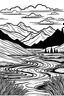 Placeholder: An image of a black and white line art vector illustration, depicting a serene landscape with mountains, trees, and a flowing river. The illustration should have clean lines and an overall minimalistic feel.