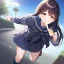 Placeholder: Clear focus,High resolution,High quality, Black long hair, Brown eyes, Detailed clothes, running with toast in their mouth, wearing a sailor uniform