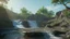 Placeholder: Sunny day, Epic waterfall landscape, rocks foreground