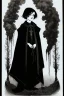 Placeholder: 7 year old boy, necromancer, friendly, looks dead, surrounded by weird smoke with eyes, wearing black robes, in the style of Harry Clarke