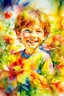 Placeholder: Summer flowers embraced by an alcohol ink splash, resembling Jody Bergsma's super realism infused with hyper-detailed Impressionism in 8K, a gold bar subtly nestled within the vibrant flora, a small, fluffy and slightly tanned boy exuding joy and happiness, all captured in watercolor, peaking in popularity on Artstation, photographed in a studio setting, sharp focus revealing intricate details of each