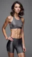 Placeholder: photography of a beautiful anorexic woman, grey satin triathlon top, sports illustrated, brunette short wavy bob haircut, pronounced sternum, flat chest, anthracite short leggins