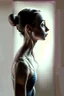 Placeholder: a beautiful ballerina, in a studio, Infront of a mirror, side profile with eyes looking slightly Down, her reflection in the mirror is however looking straight back at her and not looking down, scary, dark undertone, 12k, detailed painting, thick impasto and textures with rough brush strokes, chaos background with cracked paint, peeling off