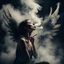 Placeholder: woman sitting forward Her face upward and blows cigarette smoke from their mouth upward. a figure with wings emerging from its back. behind the clouds of smoke look death. dark and mysterious