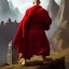 Placeholder: Portrait of a monk, red robe, mountain background, fog, distant temple, face front, grim, Frank Frazetta, Greg Rutkowski, hyperdetailed, dnd, trending on Artstation, Splash screen art, dynamic lighting, hyperdetailed, intricately detailed, a masterpiece, 8k resolution, high contrast, bearded,