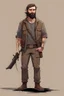 Placeholder: man, beard, brown hair, illustration, looking serious, full body, standing, mean,, looking sideways, holding a riffle
