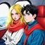 Placeholder: Sketch of a girl like elle fanning with yellow hair and large red scarf and à boy with black hair and blue eyes, a turtleneck sweater, sitting in a plane