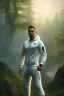 Placeholder: running alien portrait , white jogging suite , in the sunset Alps, golden light , holding leaves and flowers , angels background, volumetric light, high detail, dark leaf tree, dark mountains in background, perfect