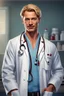 Placeholder: Mid-thirties, Caucasian male doctor, kind smile, blonde hair (slightly disheveled) blonde mustache, pale blue eyes, broad shoulders, muscular, six foot, Hawaiian shirt under white lab coat with bloodstains at the edges. Strong Jaw line, photo realistic