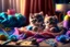 Placeholder: Hand sewn and embroidered extremely cute kittens, threads, sewing needles and a pair of scissors on a table on lace blanket in a luxury bedroom, centre, bold colours elegant fantasy 8k beautiful dynamic lighting award winning imperial colors hyperrealistic ultra detailed 4K 3D high definition crisp quality colourful hdr in sunshine