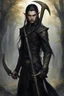 Placeholder: a young elven warrior, with golden eyes, long black braid, dressed in black leather, carrying a gigantic scythe