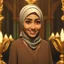 Placeholder: a portrait of smiling moslem woman. indonesian-arab. carricature. wearing headscarf. warm undertone brown skin. black eye pupils. diamond face shape. formal dress. pixar style. 3D. 4k. portrait. highly detailed. sharp focus. high resolution. full color. cinema lighting