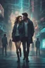 Placeholder: Science fiction, cyberpunk, city street, couple girl and guy, together, love at first sight, forbidden love, storm, lightning