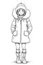 Placeholder: a stylish winter coat with faux fur details with Shoe , outline art for cute girl coloring pages , white background, sketch style, full body, only use outline, clean line art, white background