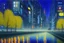 Placeholder: Night, cyberpunk buildings near the autumn trees zone, tendency to science fiction, realistic vision, impressionism painting