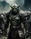 Placeholder: Realistic photography horrible horror art visual of creature another world in the darkness of evil, imaginary from angle view a far a line up the troops thousands orc wearing armor ready to battfield