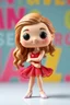 Placeholder: Funko figure of a very young female, smiling, long wavy light brown hair, wearing a ballerina dress, red dress, ballet, very cute, ballet pose,.very colorful background typography, 3D render.