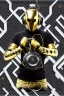 Placeholder: Metallic Cyber-punk style man with a web-camera-mask and old AKG-style headphones with golden rings. Large fencing mask covers man's cheeks. Man in good body shape. Reflective plastic. Body and head full of integrated old-fashioned cameras and an old telephone. Perfect body. Euclidean 3D-tiling, Escher tiling, background. Cables from body, symmetric. Daft Punk, Matrix movie black leather jacket with a Hood. Yellow latex areas in black leather surfaces body. 1990's. Porsche-design-lights