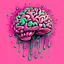 Placeholder: Vintage illustration of a slimy pink brain melting, cartoonist animation style, hand drawn, pastel color palette, gross art, pop punk, 90s anime inspired, airbrushing, post modern, horror cut, gradient chrome abberations, retro weird drawings, alien brain matter, blood spatter , scifi punk