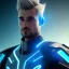 Placeholder: Handsome sexy galactic man with blue and blond hair in the wind, lightining tron suit, lights, hight détails, cinematic, artstation, unreal engine 5, stars in background