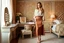 Placeholder: very beautiful sexy lady with beautful cream brown midi skirt and blouse standing in a luxury bedroom with high heels next to makeup desk looking to camera