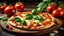 Placeholder: Margherita traditional Italian pizza with melted mozzarella cheese, tomato and fresh basil. Restaurant, pizzeria, food photo, menu concept