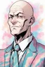 Placeholder: Bald Man with a feminine face, long nose, makeup, tie-dye unitard, drawn in the "My Hero Academia" art style.