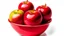 Placeholder: Pile of red juicy apples in a red bowl on white background