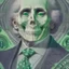 Placeholder: a head and shoulders portrait of a skeleton dressed in a three-piece suit as the president of the united states, based on us currency, united states one dollar bill, shades of green, real-life, colors match the united states one dollar bill, realistic, robotic,