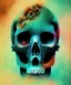 Placeholder: broken realistic skull. black background. smoke and explode. particles in air. teal and orange. watercolor and ink. abstract. beksinski.