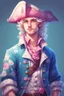 Placeholder: kind young sailor, man, white slightly curly hair, pirate shirt, pink-azure clothes, pink-azure cocked hat in cold tones, white floral pattern on jacket, flower in hair, stardew valley style