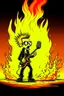 Placeholder: Firestarter animateur radio hardrock with a microphone. Seems angry. Flames all around