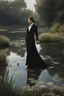 Placeholder: [modern] A woman in tuxedo around a pond