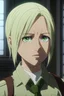 Placeholder: Attack on titan screencap of a girl with green eyes and a white shoulder length hair in the uniform of the reconnaissance corps looks like Levi Ackerman