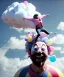 Placeholder: Ultra realistic clouds sky scene, wide angle, sweet childs falling down, man playing guitar, inflatable color clothing, free jumping flying, many trinkets, monster hair, hair monster, many jelly beans, balls, smile, happy, circus style, extreme, wind, clouds sea, 20,000 feet altitude, stratosphere, soft color, highly detailed, unreal engine 5, ray tracing, RTX, lumen lighting, ultra detail, volumetric lighting, 3d, finely drawn, high definition, high resolution.