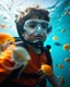 Placeholder: Make a image of a young boy wearing scuba gear, underwater with fish, jellyfish and bubbles. Low angle view looking up towards the surface of the Ocean, Photorealistic.