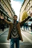 Placeholder: un hombre con los brazos abiertos en una calle de una ciudad. Primer plano, fotografía realizada con cámara Leica y objetivo de 50 mm. fotografía en color. Colores alegres